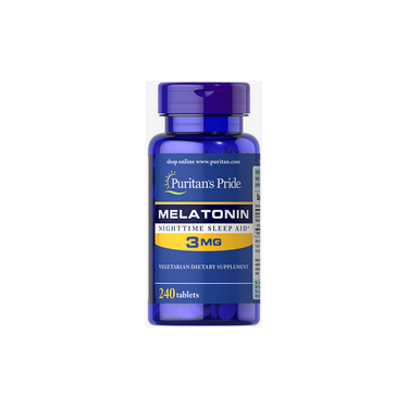 A bottle of Puritan's Pride Melatonin 3 mg contains 240 vegetarian dietary supplement tablets, designed as a nighttime sleep hormone aid.